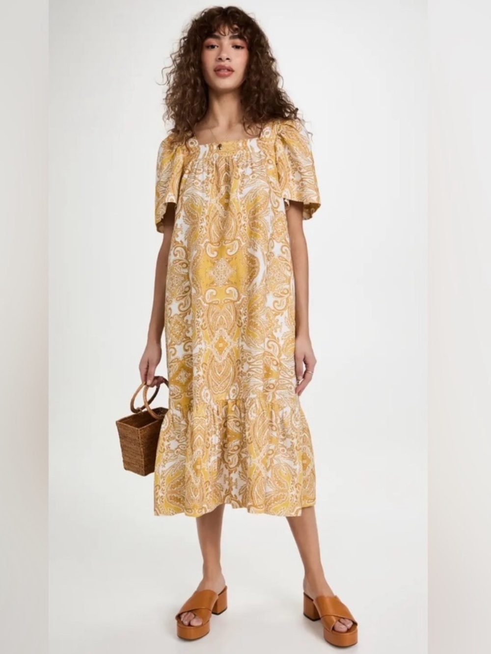 Cara Cara Chani Midi Dress Small Linen Gold Yellow Paisley